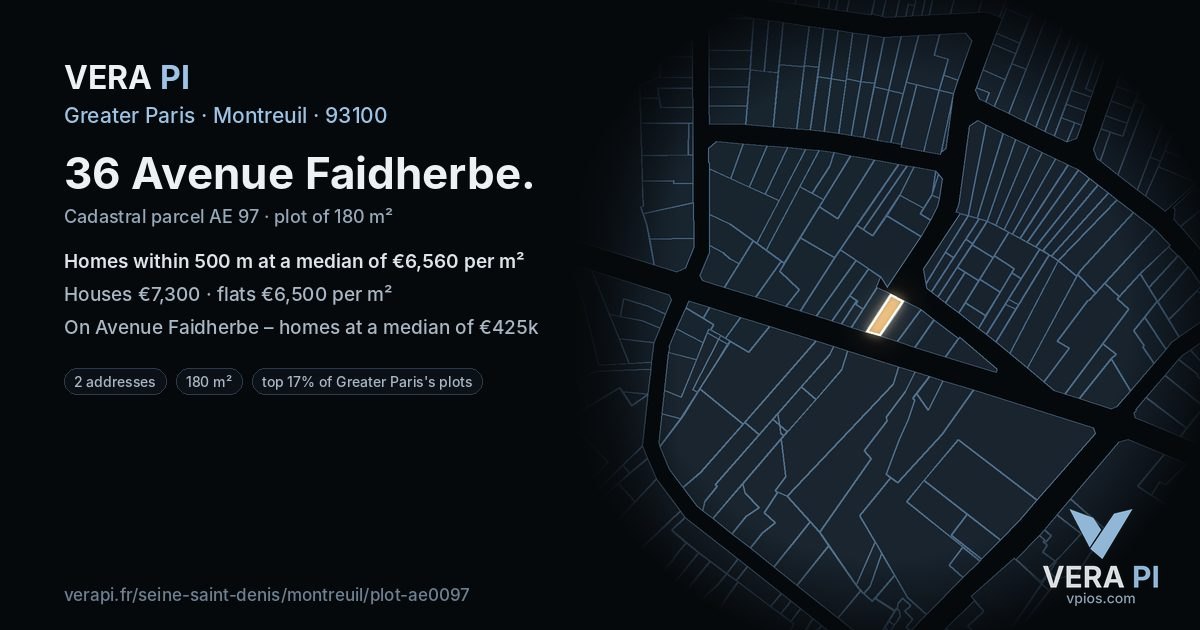 36 Avenue Faidherbe, Montreuil at night – the plot lit, the parcels around coloured by the prices near them