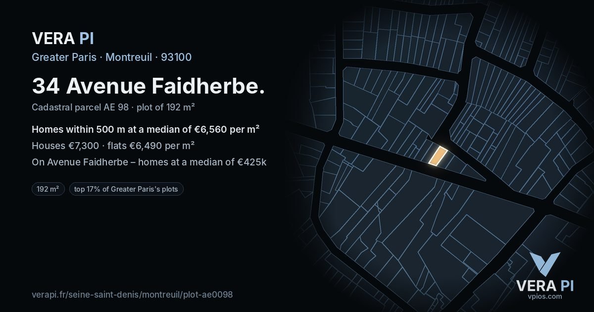 34 Avenue Faidherbe, Montreuil at night – the plot lit, the parcels around coloured by the prices near them
