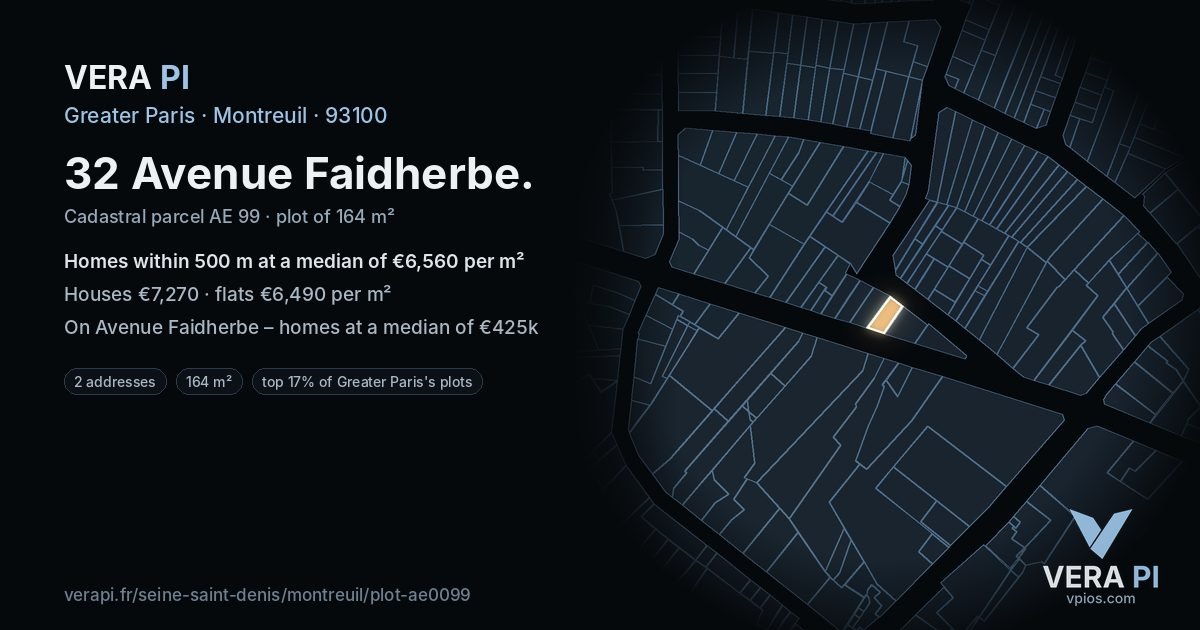 32 Avenue Faidherbe, Montreuil at night – the plot lit, the parcels around coloured by the prices near them