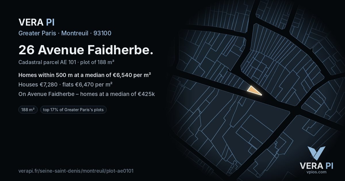26 Avenue Faidherbe, Montreuil at night – the plot lit, the parcels around coloured by the prices near them