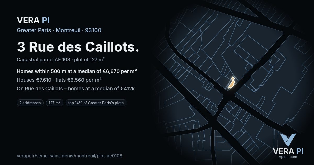 3 Rue des Caillots, Montreuil at night – the plot lit, the parcels around coloured by the prices near them