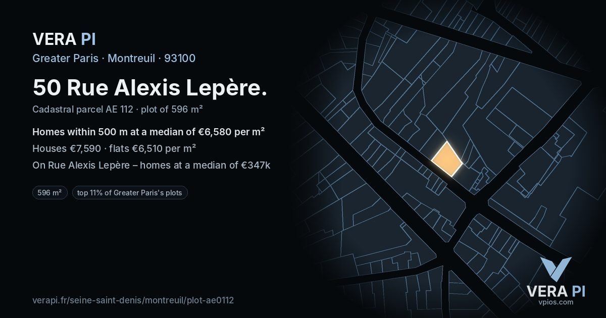 50 Rue Alexis Lepère, Montreuil at night – the plot lit, the parcels around coloured by the prices near them