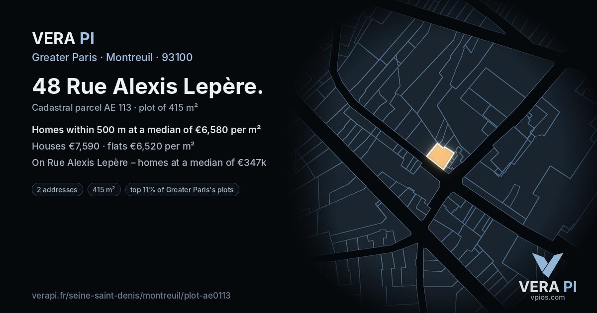 48 Rue Alexis Lepère, Montreuil at night – the plot lit, the parcels around coloured by the prices near them
