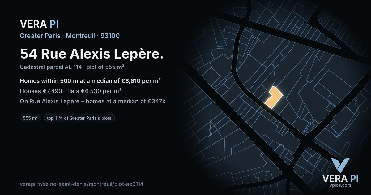 54 Rue Alexis Lepère, Montreuil at night – the plot lit, the parcels around coloured by the prices near them