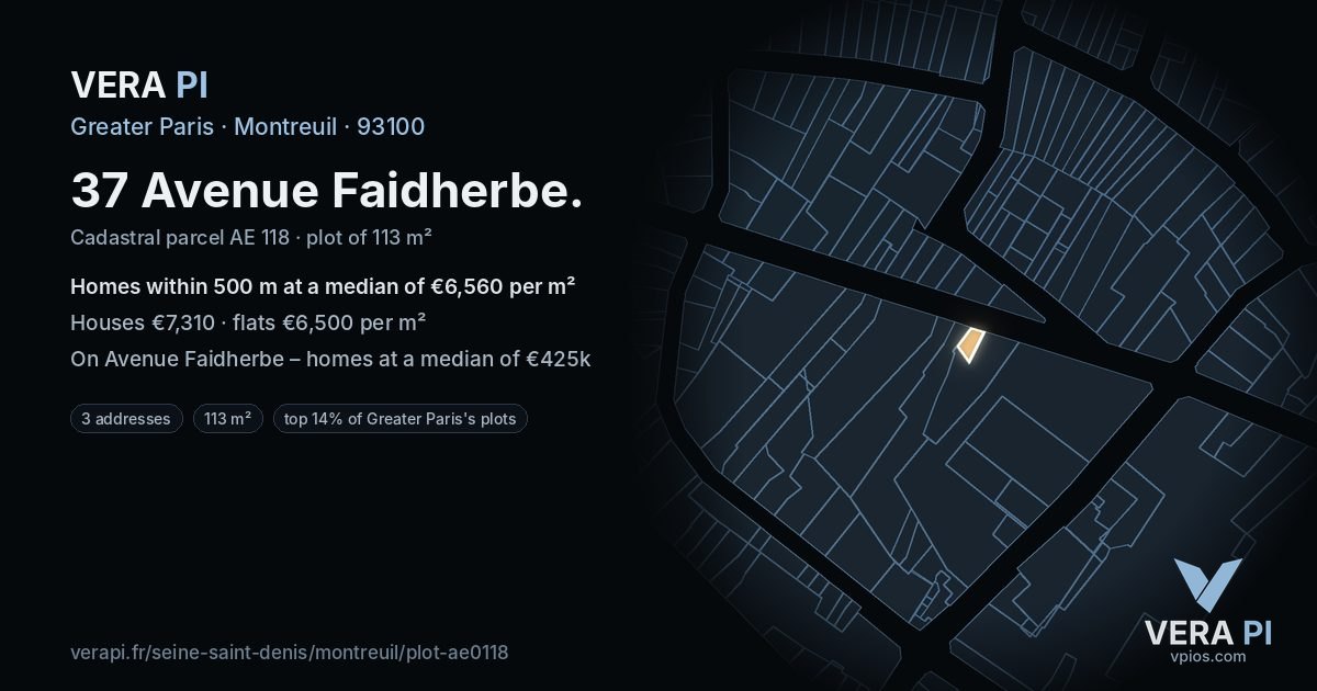 37 Avenue Faidherbe, Montreuil at night – the plot lit, the parcels around coloured by the prices near them