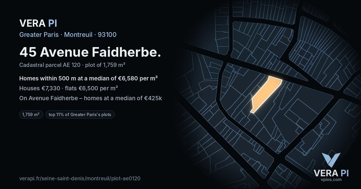 45 Avenue Faidherbe, Montreuil at night – the plot lit, the parcels around coloured by the prices near them