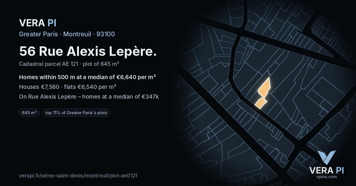 56 Rue Alexis Lepère, Montreuil at night – the plot lit, the parcels around coloured by the prices near them
