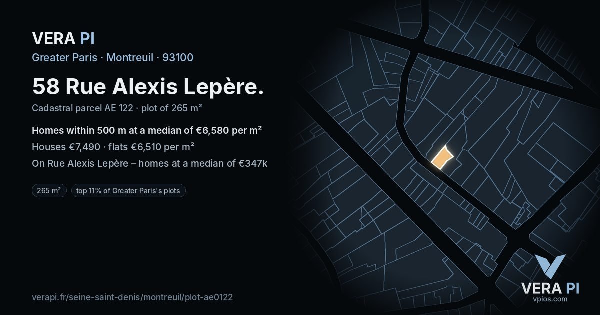58 Rue Alexis Lepère, Montreuil at night – the plot lit, the parcels around coloured by the prices near them