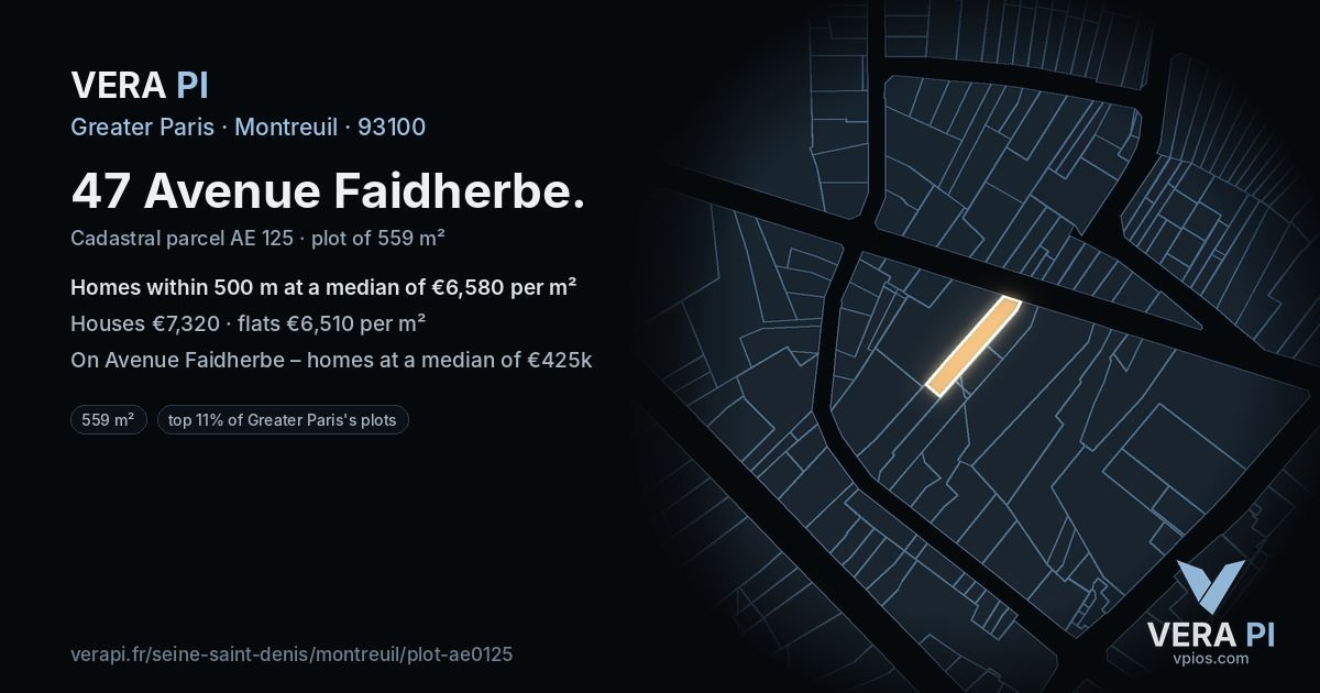 47 Avenue Faidherbe, Montreuil at night – the plot lit, the parcels around coloured by the prices near them