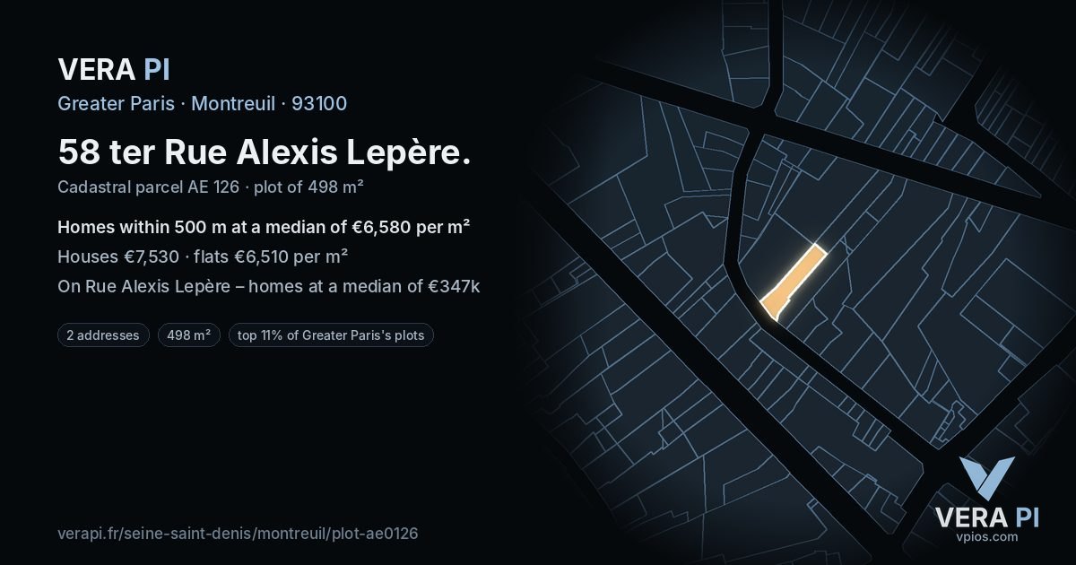 58 ter Rue Alexis Lepère, Montreuil at night – the plot lit, the parcels around coloured by the prices near them