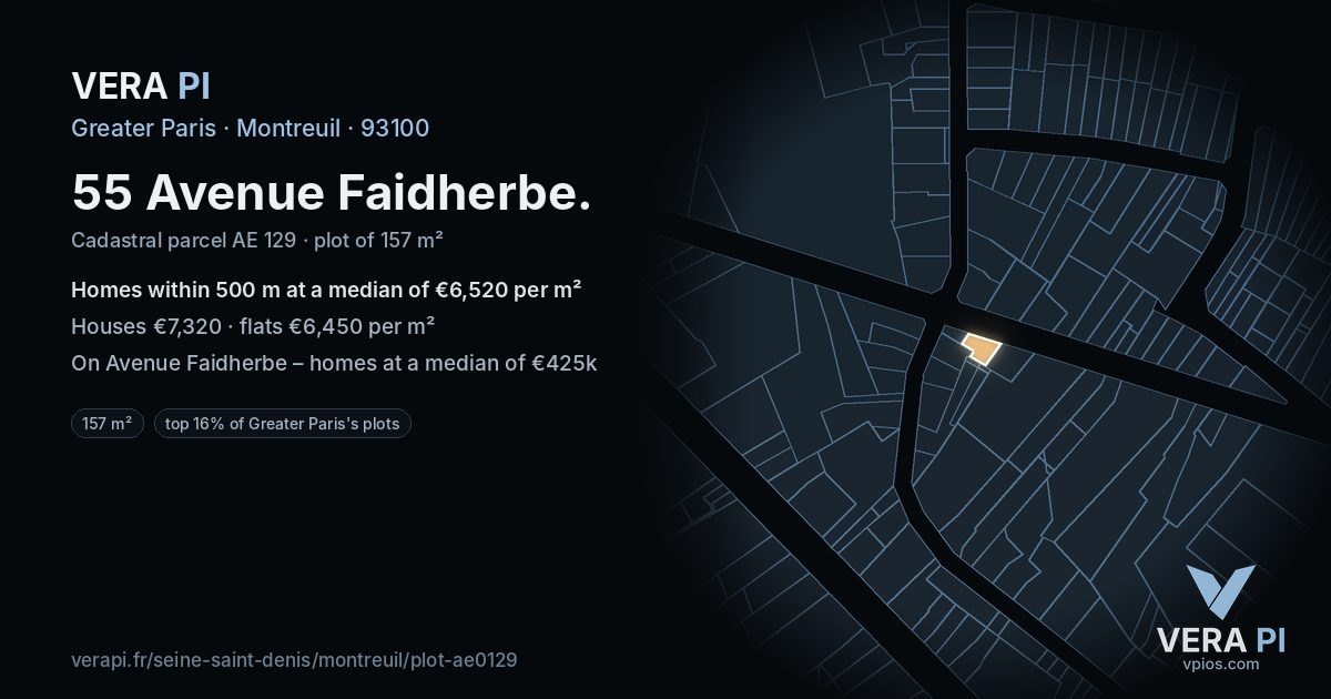 55 Avenue Faidherbe, Montreuil at night – the plot lit, the parcels around coloured by the prices near them