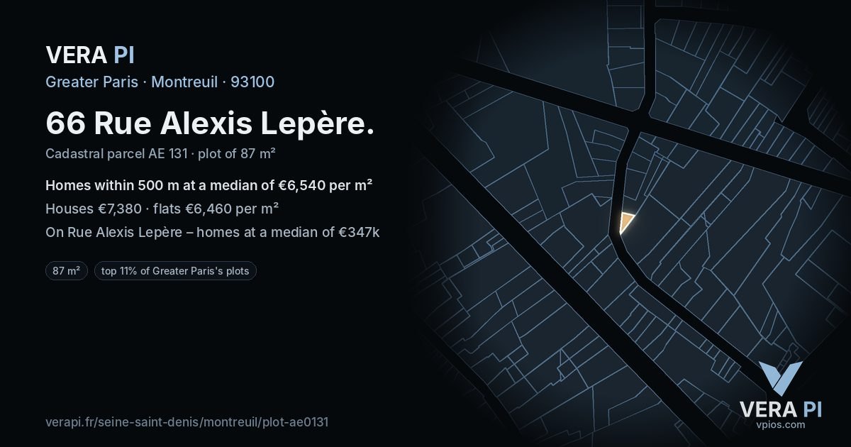 66 Rue Alexis Lepère, Montreuil at night – the plot lit, the parcels around coloured by the prices near them