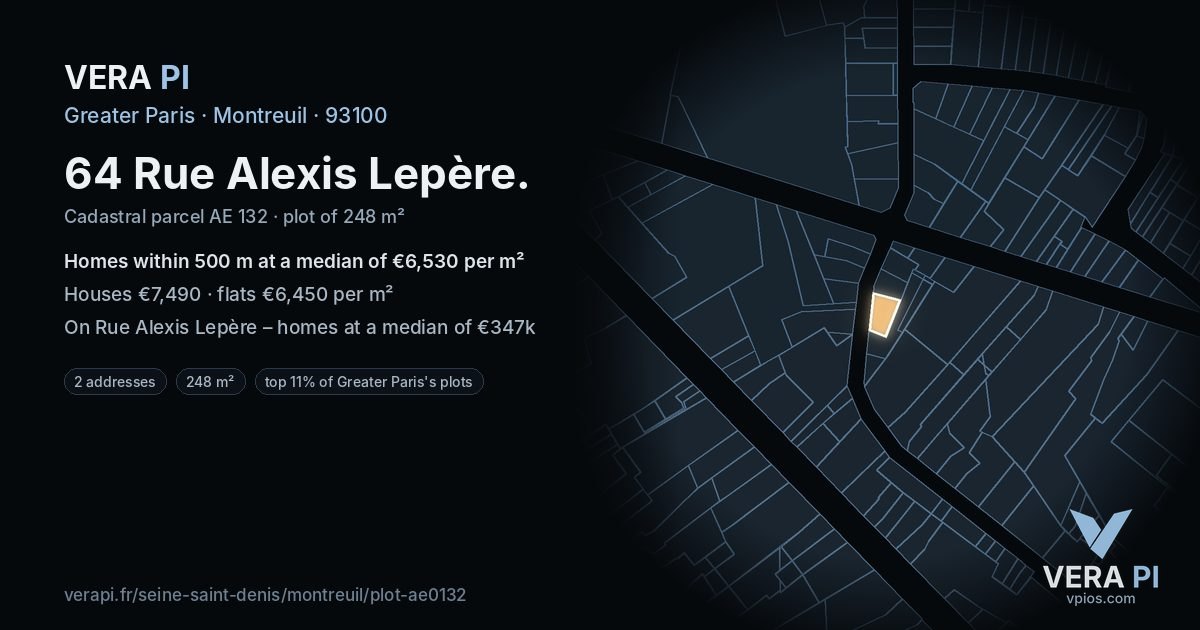 64 Rue Alexis Lepère, Montreuil at night – the plot lit, the parcels around coloured by the prices near them