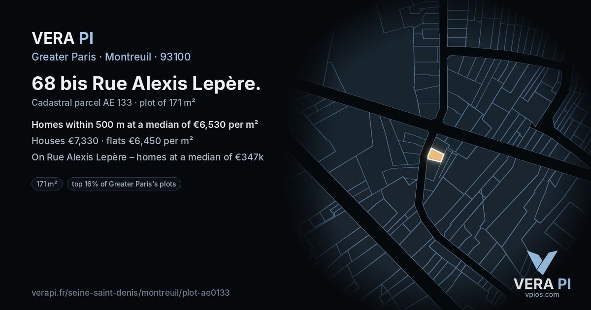 68 bis Rue Alexis Lepère, Montreuil at night – the plot lit, the parcels around coloured by the prices near them