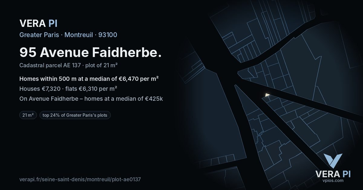 95 Avenue Faidherbe, Montreuil at night – the plot lit, the parcels around coloured by the prices near them