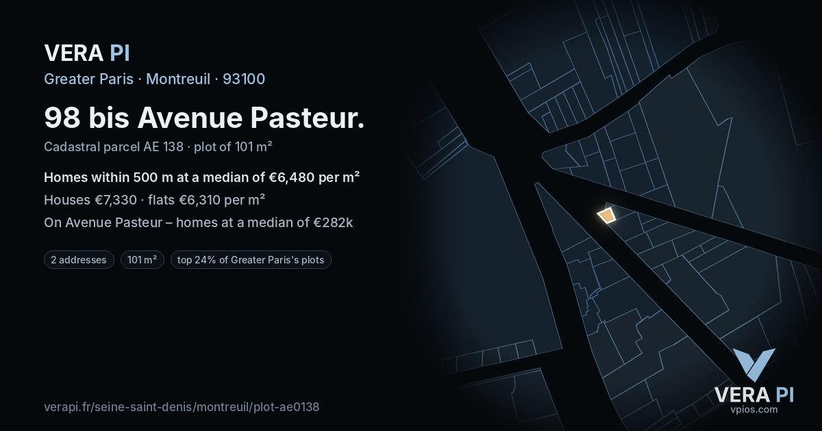 98 bis Avenue Pasteur, Montreuil at night – the plot lit, the parcels around coloured by the prices near them