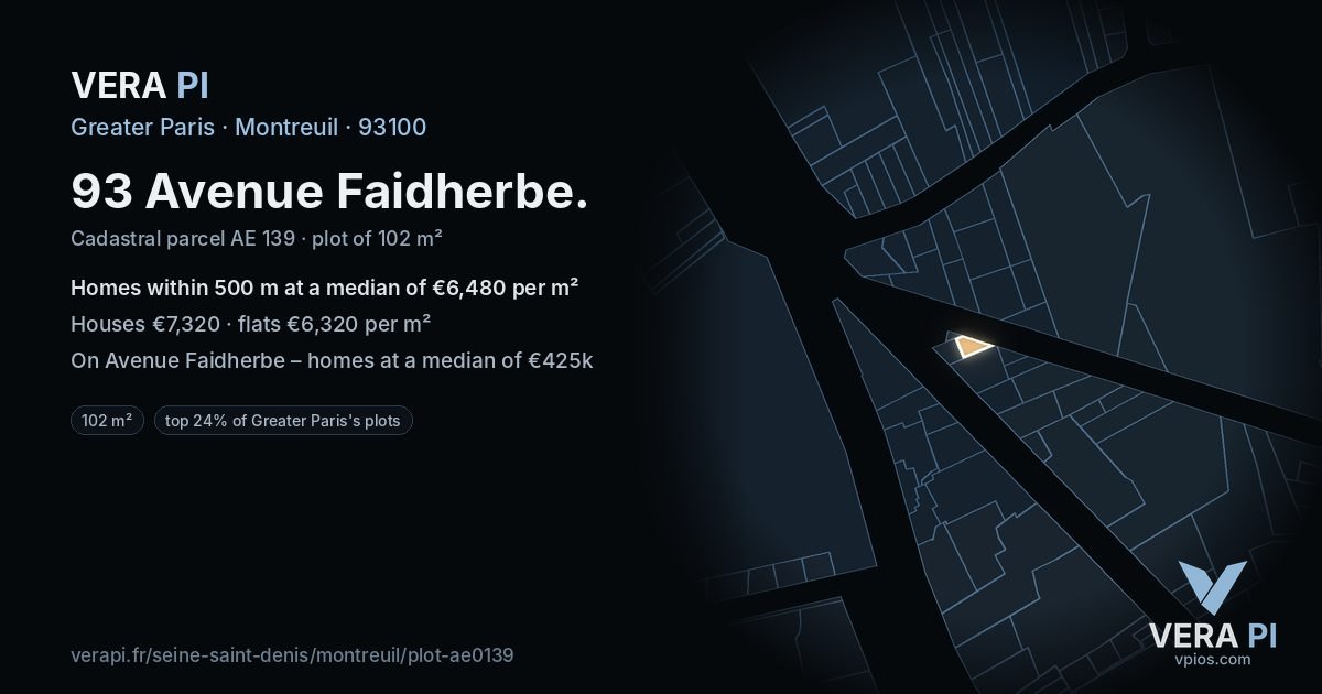 93 Avenue Faidherbe, Montreuil at night – the plot lit, the parcels around coloured by the prices near them