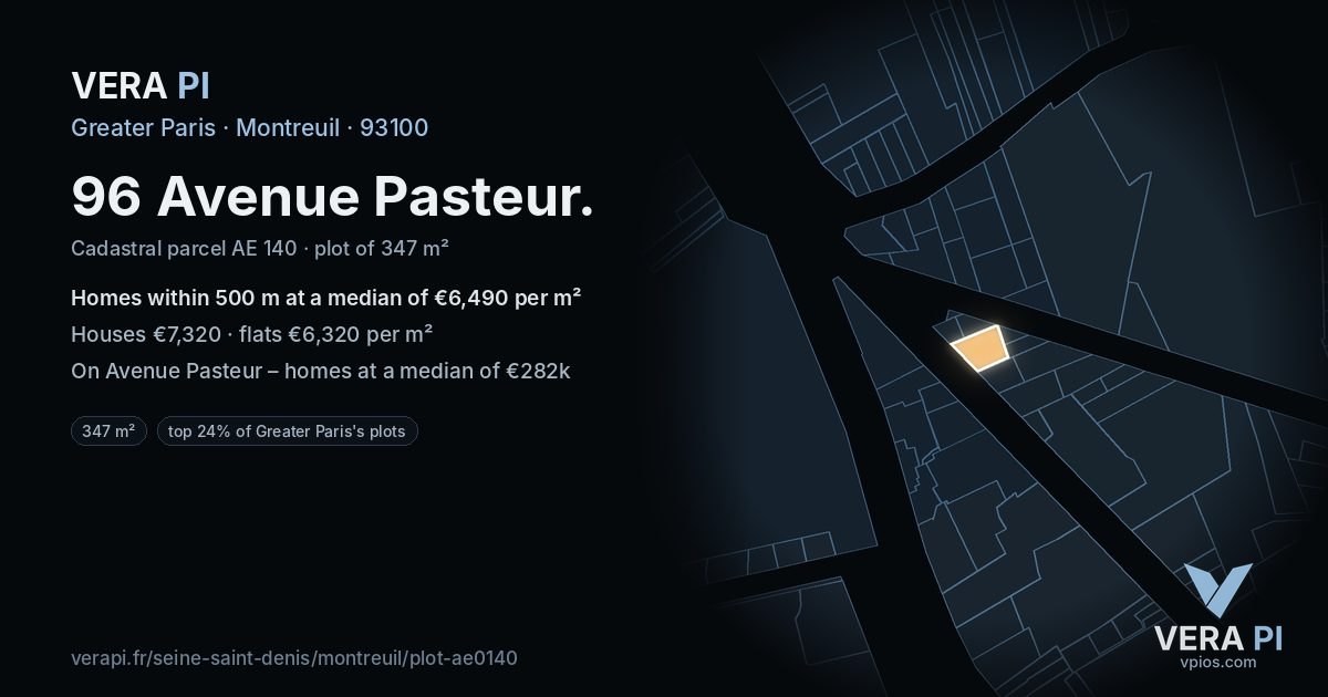 96 Avenue Pasteur, Montreuil at night – the plot lit, the parcels around coloured by the prices near them