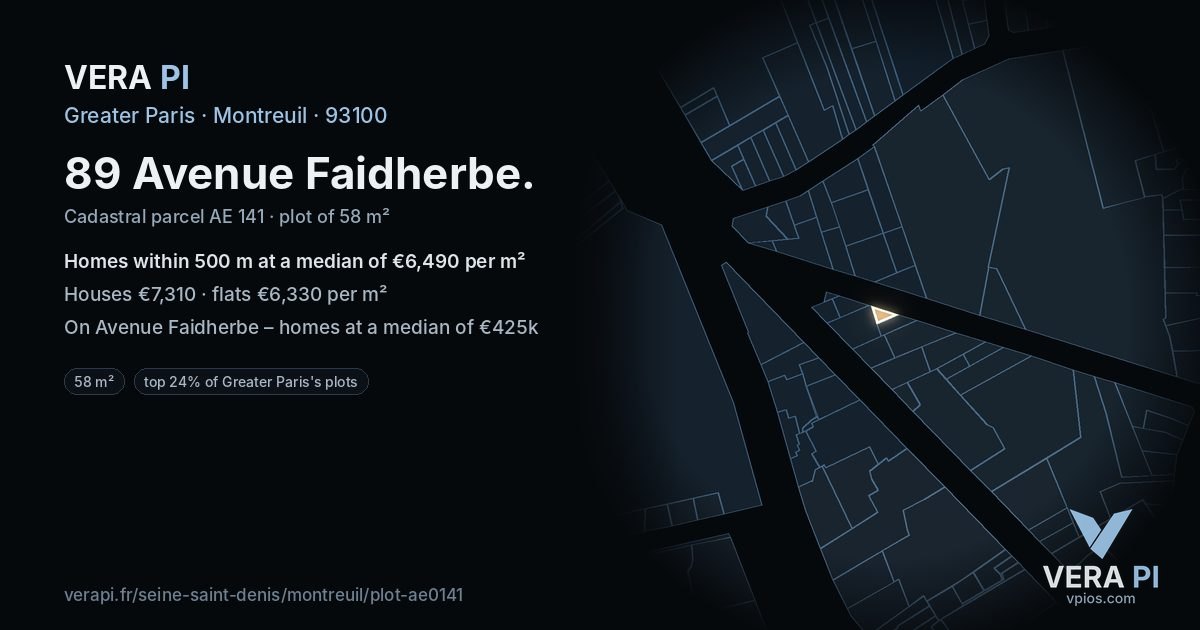89 Avenue Faidherbe, Montreuil at night – the plot lit, the parcels around coloured by the prices near them