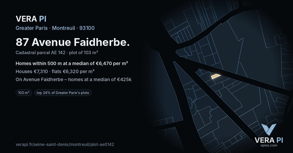 87 Avenue Faidherbe, Montreuil at night – the plot lit, the parcels around coloured by the prices near them