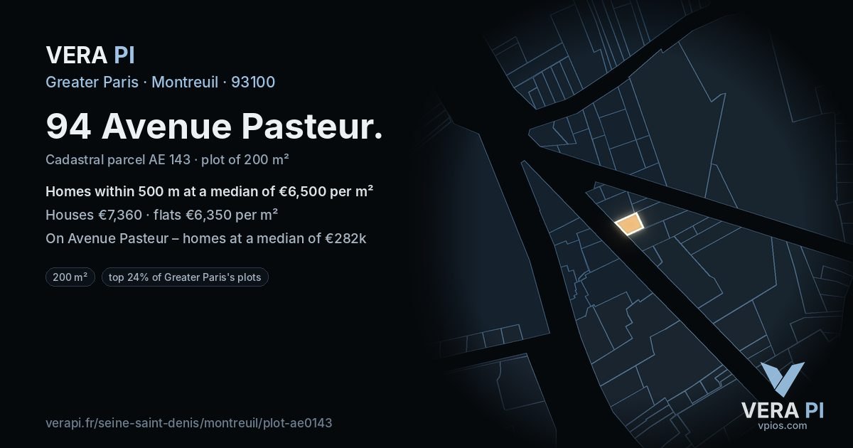 94 Avenue Pasteur, Montreuil at night – the plot lit, the parcels around coloured by the prices near them