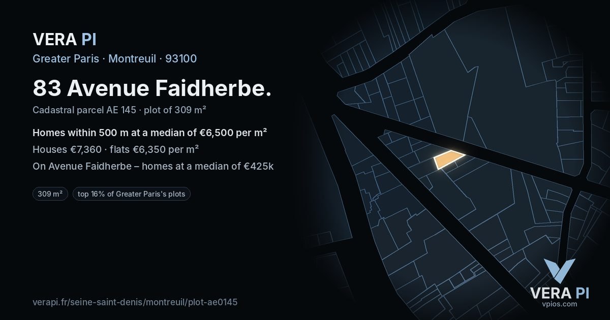 83 Avenue Faidherbe, Montreuil at night – the plot lit, the parcels around coloured by the prices near them