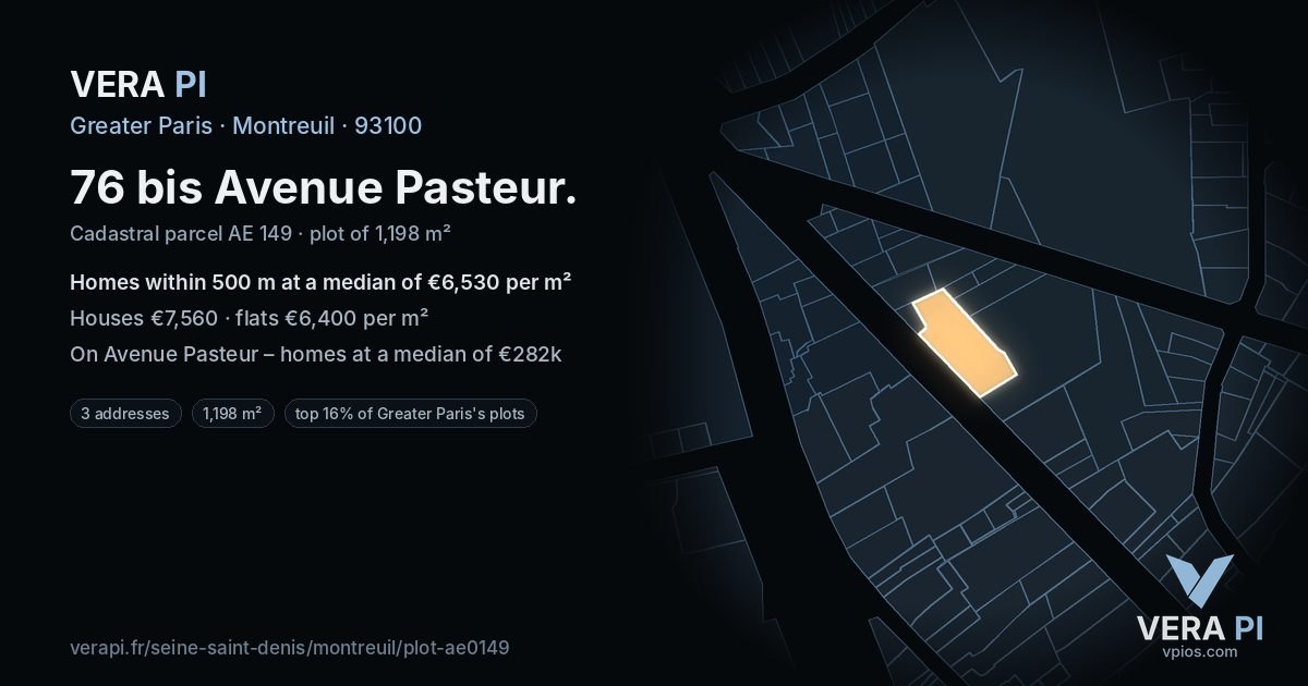 76 bis Avenue Pasteur, Montreuil at night – the plot lit, the parcels around coloured by the prices near them