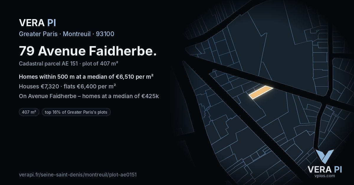 79 Avenue Faidherbe, Montreuil at night – the plot lit, the parcels around coloured by the prices near them