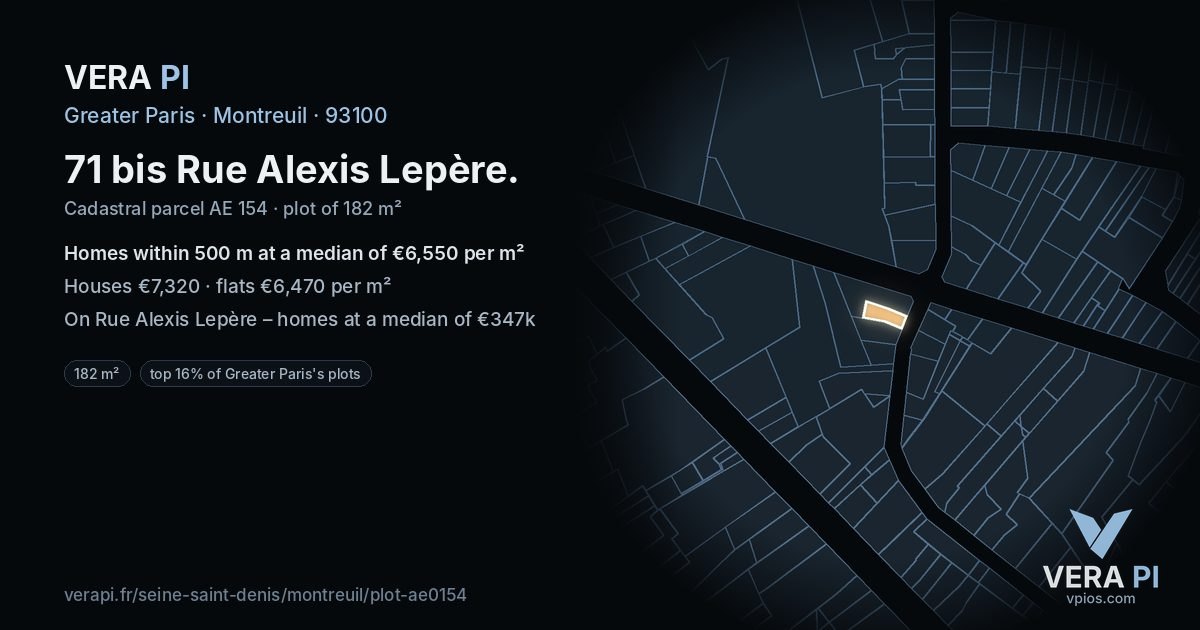 71 bis Rue Alexis Lepère, Montreuil at night – the plot lit, the parcels around coloured by the prices near them