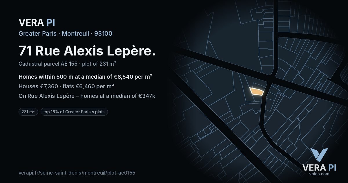 71 Rue Alexis Lepère, Montreuil at night – the plot lit, the parcels around coloured by the prices near them