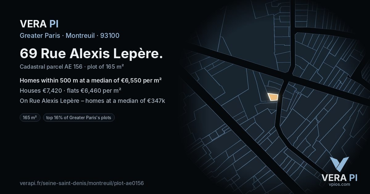 69 Rue Alexis Lepère, Montreuil at night – the plot lit, the parcels around coloured by the prices near them