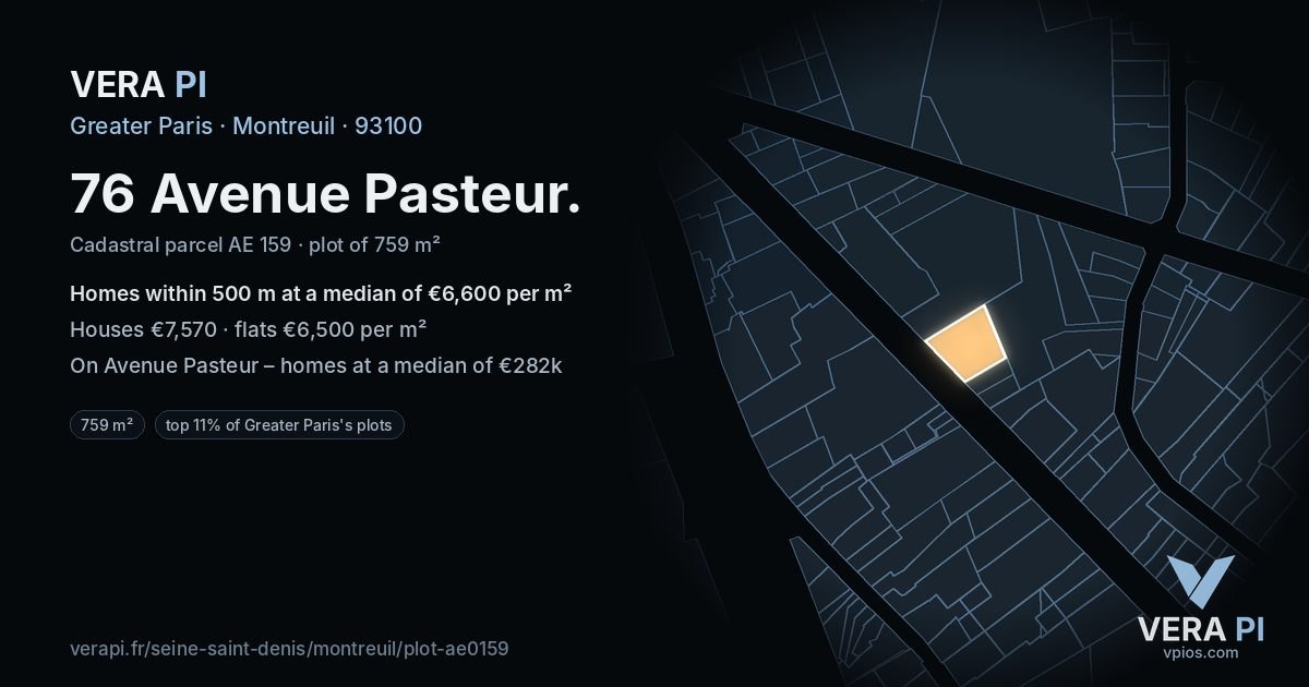76 Avenue Pasteur, Montreuil at night – the plot lit, the parcels around coloured by the prices near them