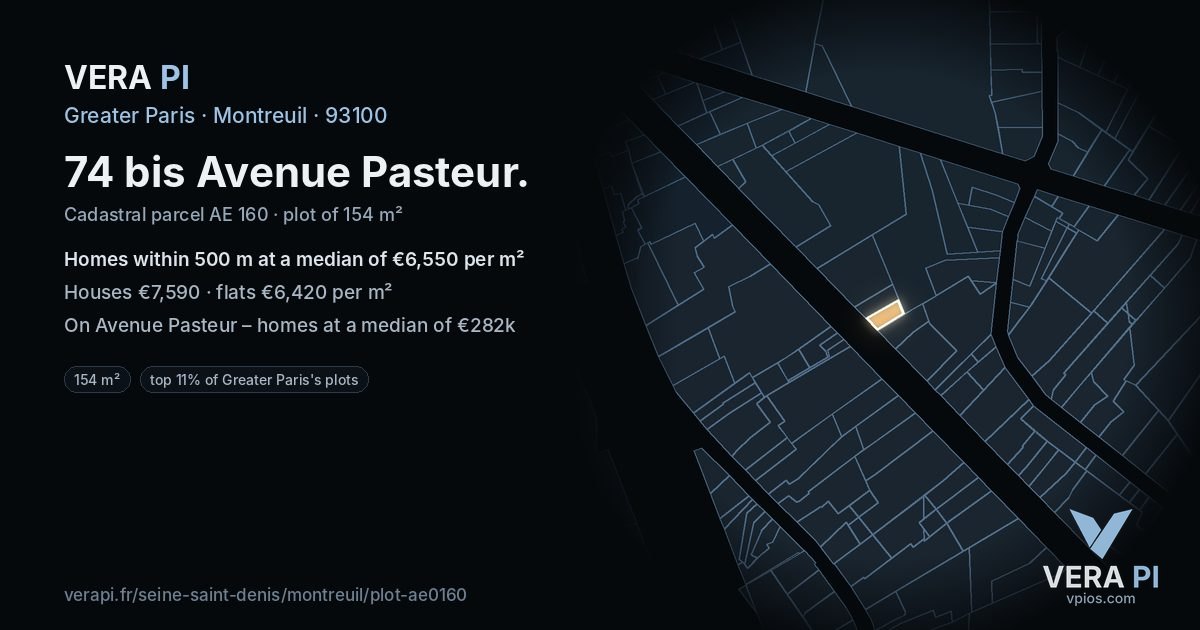 74 bis Avenue Pasteur, Montreuil at night – the plot lit, the parcels around coloured by the prices near them