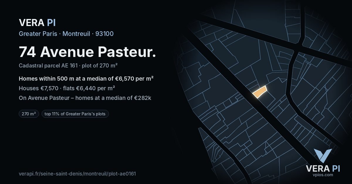 74 Avenue Pasteur, Montreuil at night – the plot lit, the parcels around coloured by the prices near them