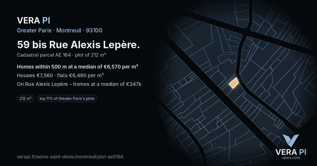 59 bis Rue Alexis Lepère, Montreuil at night – the plot lit, the parcels around coloured by the prices near them