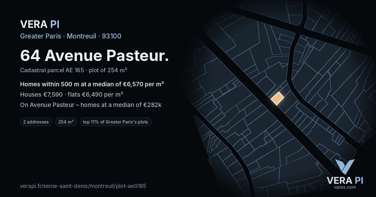 64 Avenue Pasteur, Montreuil at night – the plot lit, the parcels around coloured by the prices near them