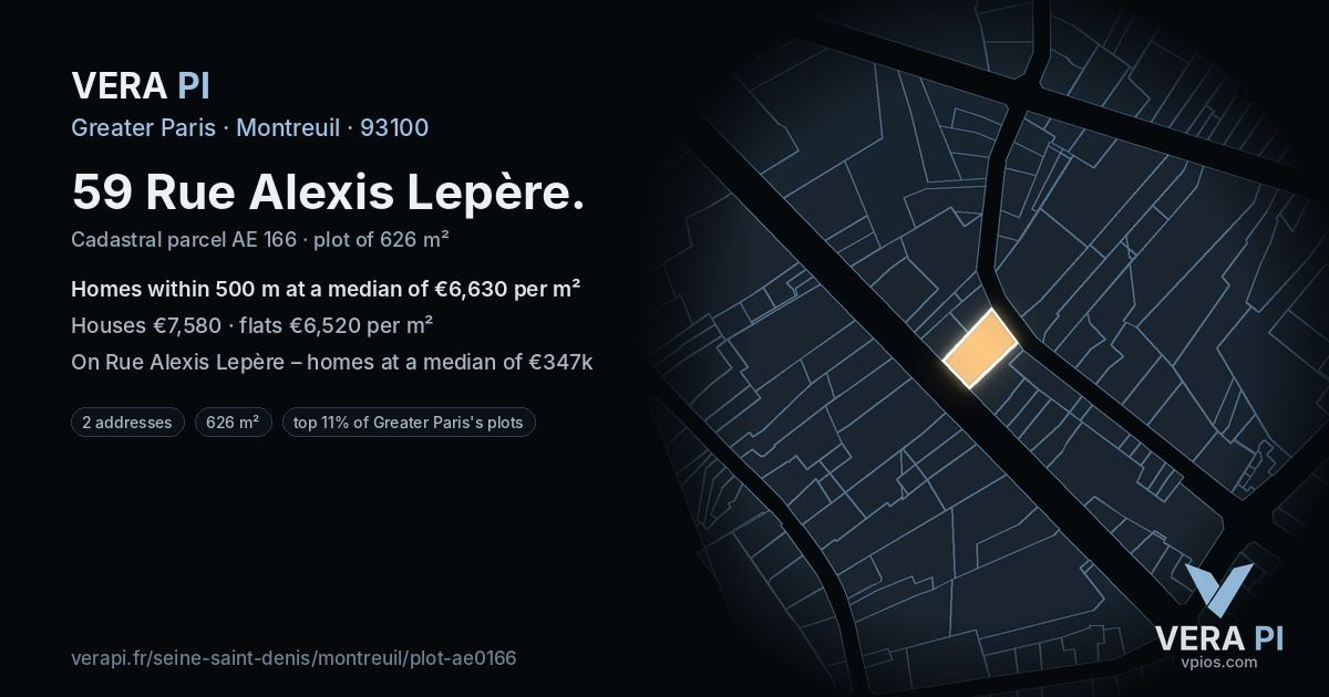 59 Rue Alexis Lepère, Montreuil at night – the plot lit, the parcels around coloured by the prices near them