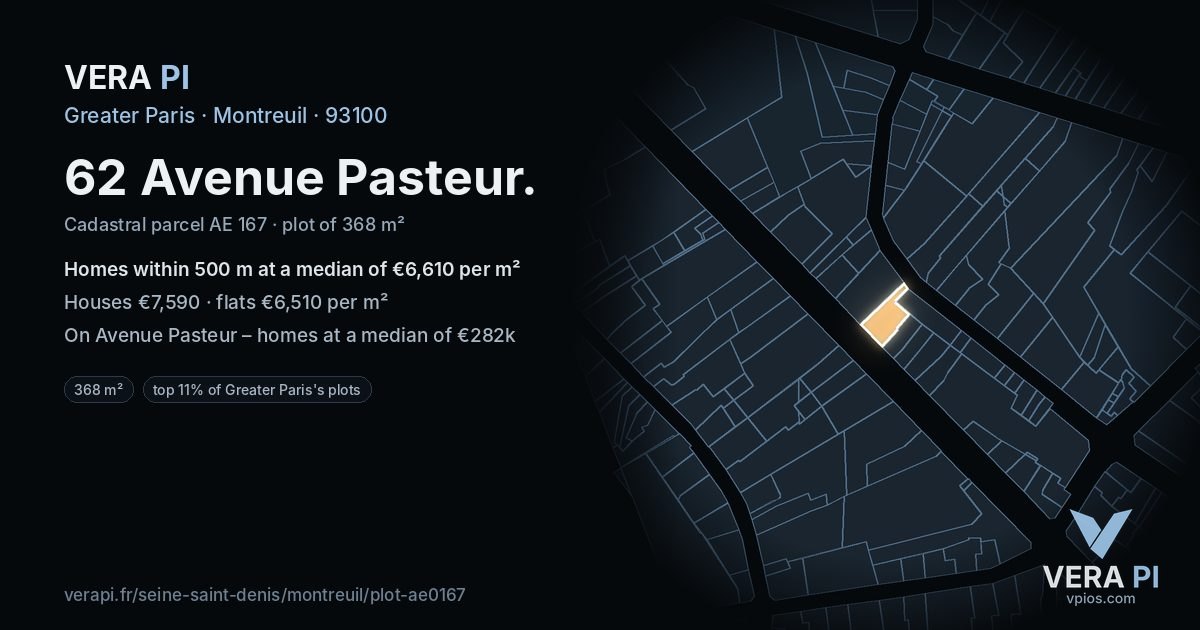 62 Avenue Pasteur, Montreuil at night – the plot lit, the parcels around coloured by the prices near them