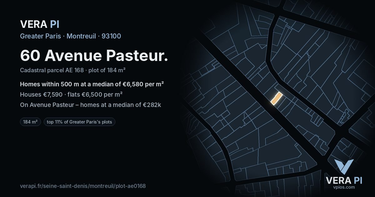60 Avenue Pasteur, Montreuil at night – the plot lit, the parcels around coloured by the prices near them