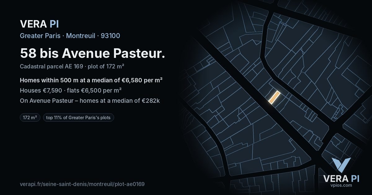 58 bis Avenue Pasteur, Montreuil at night – the plot lit, the parcels around coloured by the prices near them
