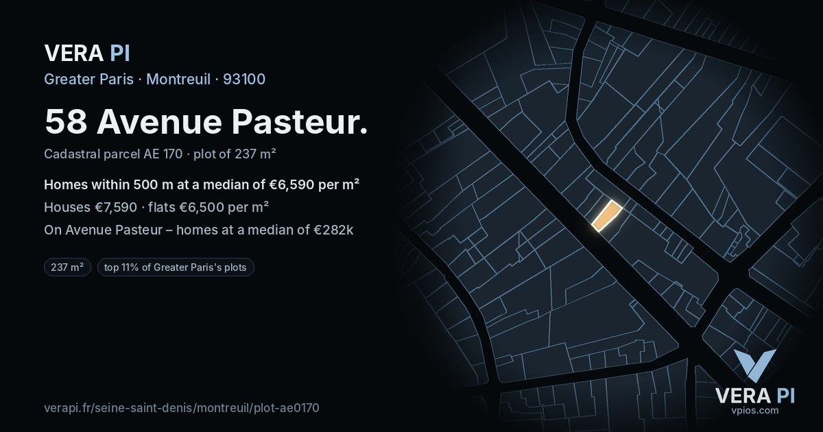 58 Avenue Pasteur, Montreuil at night – the plot lit, the parcels around coloured by the prices near them