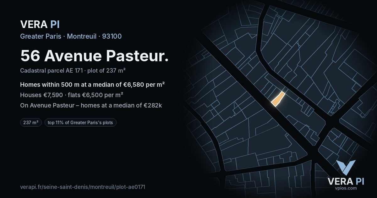 56 Avenue Pasteur, Montreuil at night – the plot lit, the parcels around coloured by the prices near them