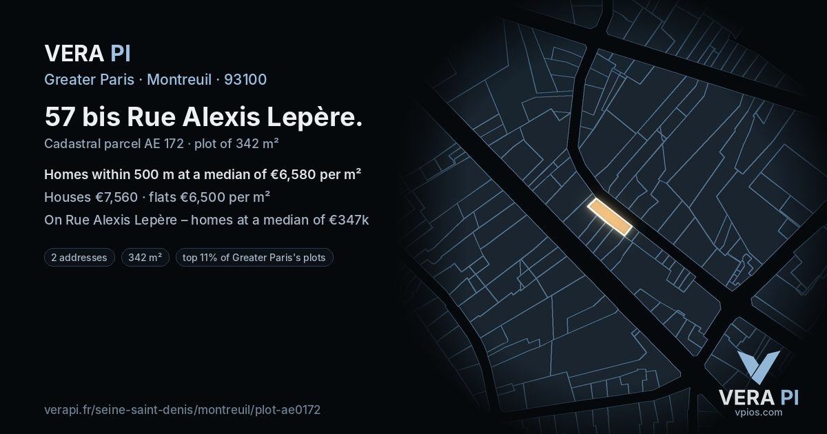 57 bis Rue Alexis Lepère, Montreuil at night – the plot lit, the parcels around coloured by the prices near them