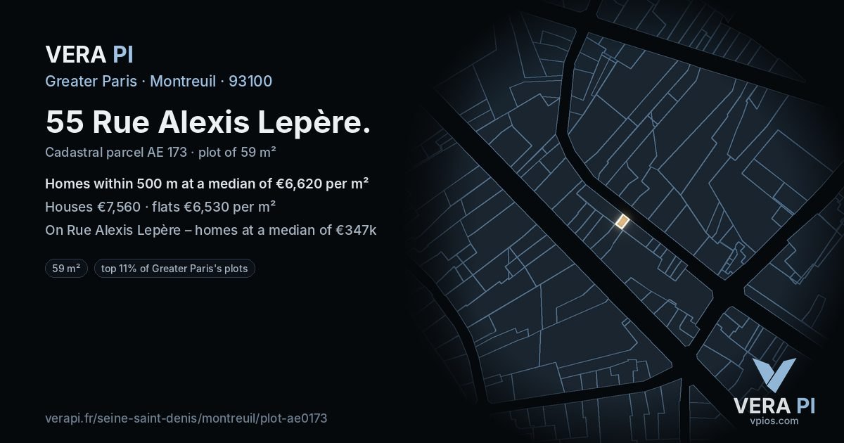 55 Rue Alexis Lepère, Montreuil at night – the plot lit, the parcels around coloured by the prices near them