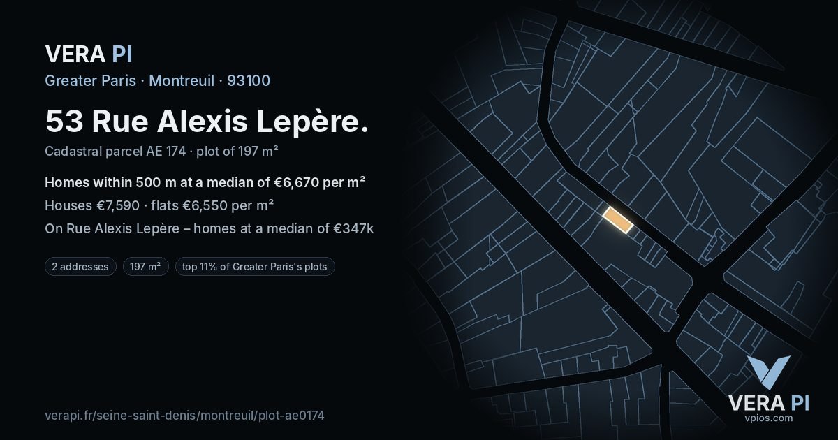 53 Rue Alexis Lepère, Montreuil at night – the plot lit, the parcels around coloured by the prices near them