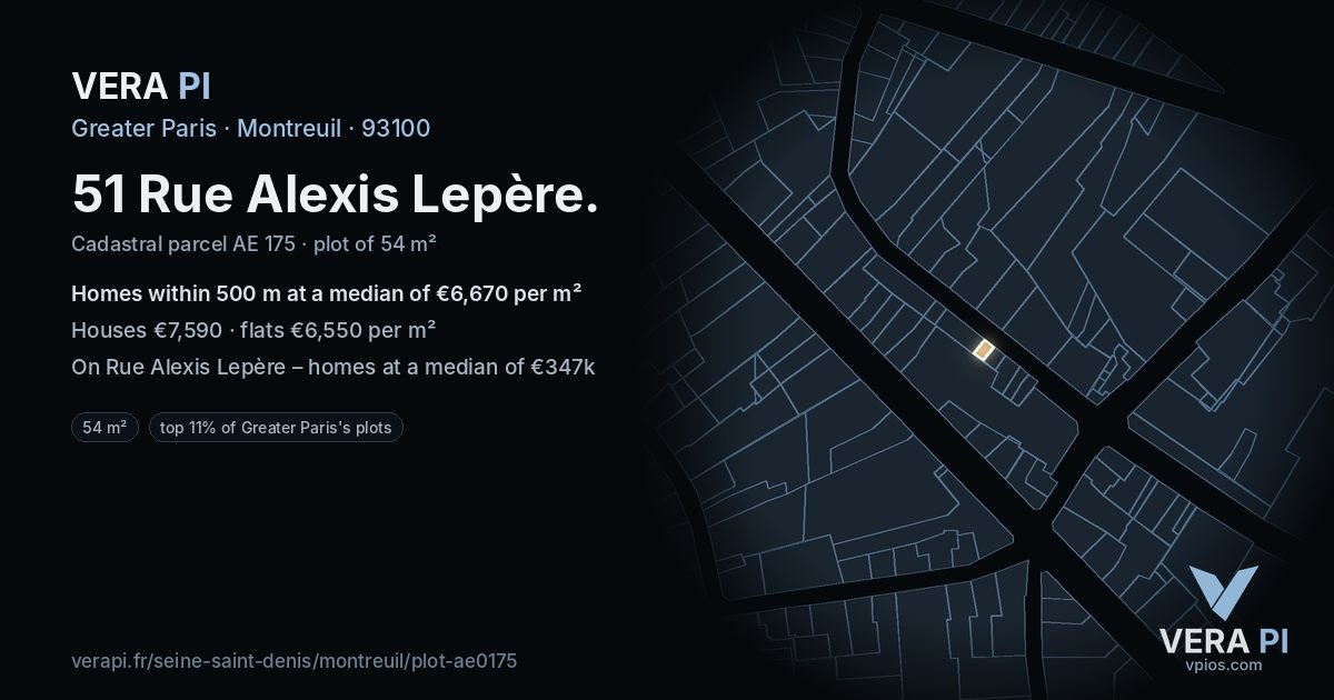 51 Rue Alexis Lepère, Montreuil at night – the plot lit, the parcels around coloured by the prices near them