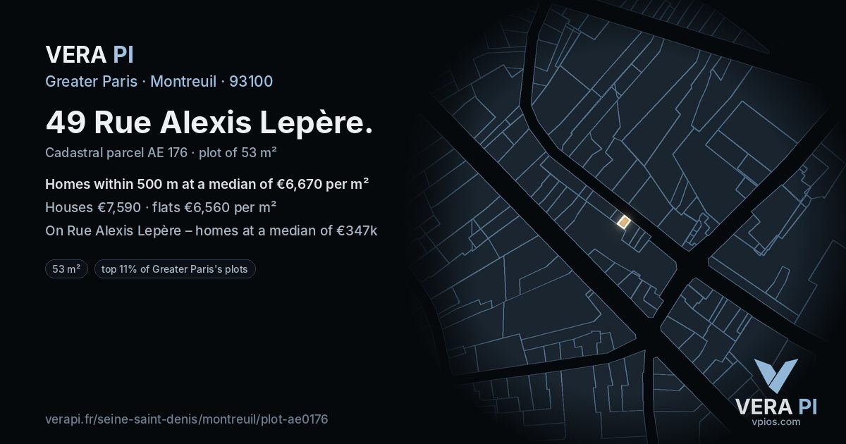 49 Rue Alexis Lepère, Montreuil at night – the plot lit, the parcels around coloured by the prices near them