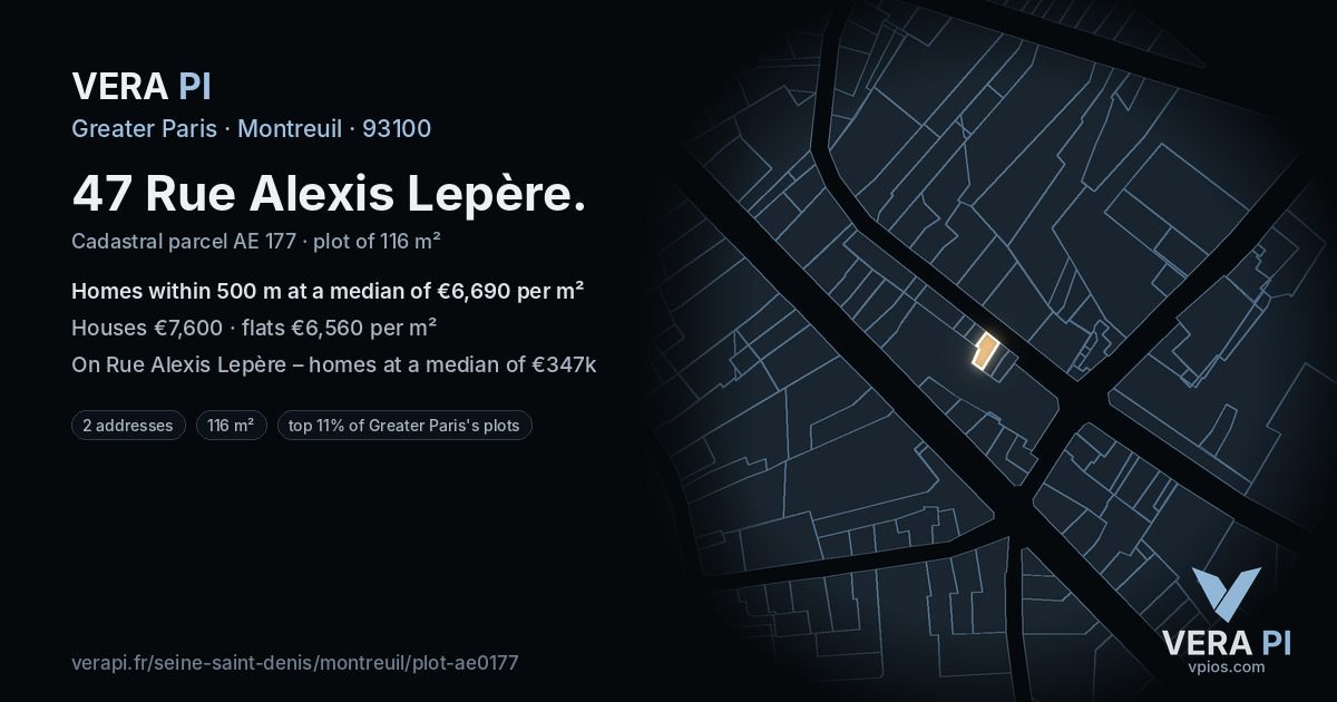 47 Rue Alexis Lepère, Montreuil at night – the plot lit, the parcels around coloured by the prices near them