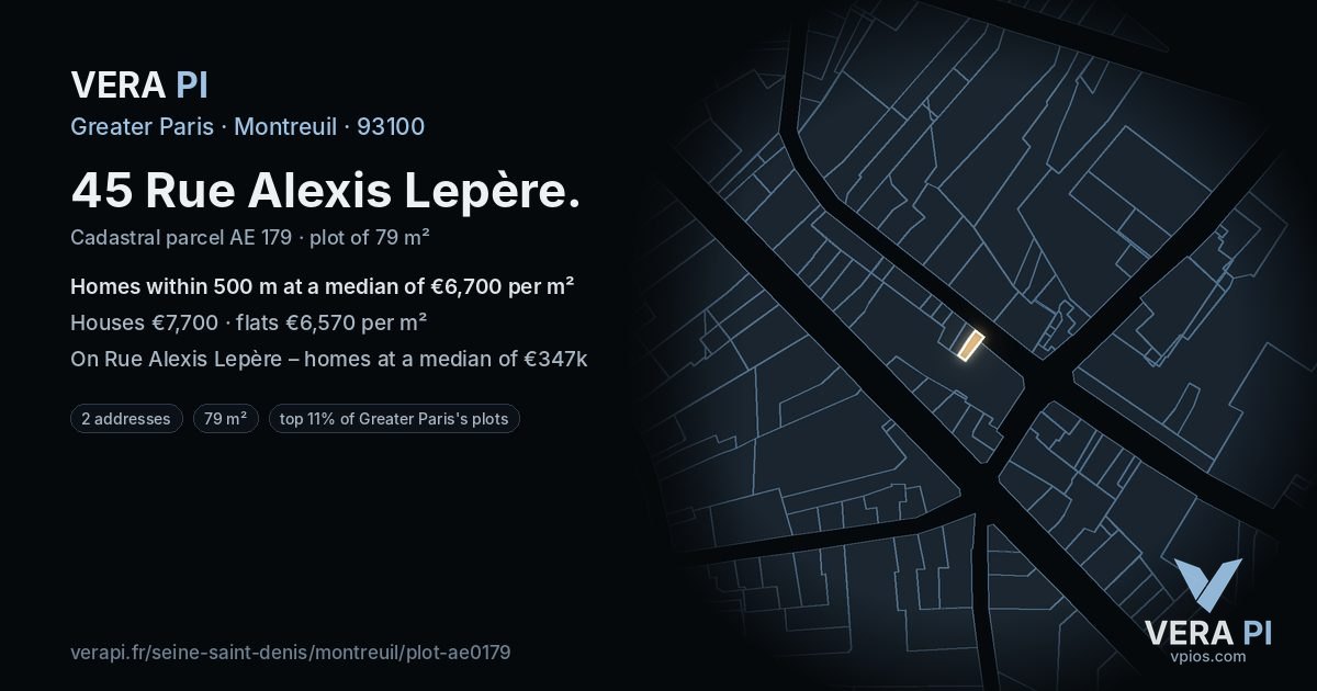 45 Rue Alexis Lepère, Montreuil at night – the plot lit, the parcels around coloured by the prices near them