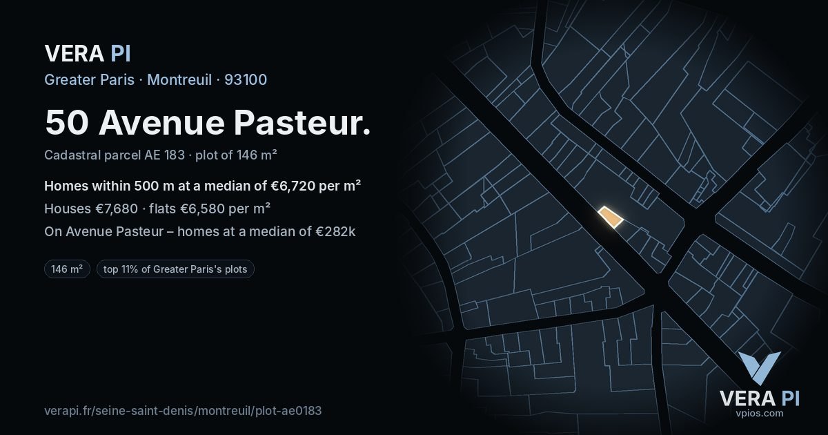 50 Avenue Pasteur, Montreuil at night – the plot lit, the parcels around coloured by the prices near them